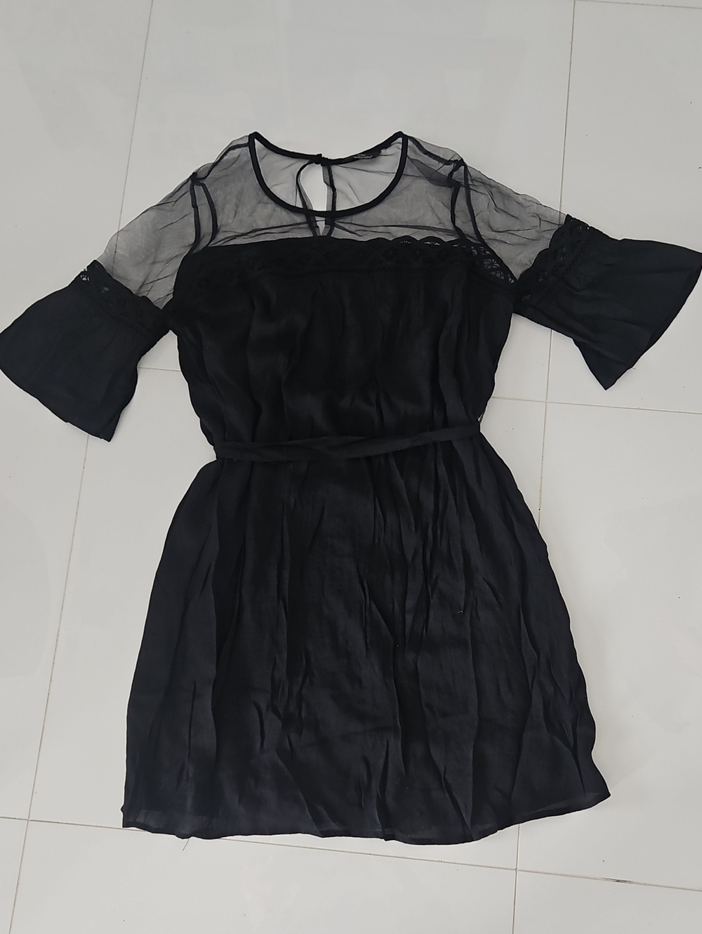 Mlle Gabrielle Black Mini Evening Dress with Sheer Yoke